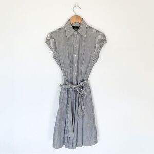 Norma Kamali Striped Cap Sleeve Collared Cinched Drop Waist Aline Dress